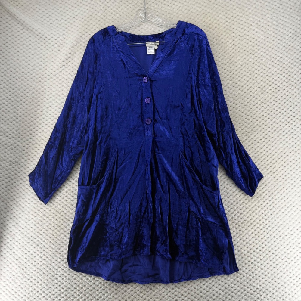 TRU‎ LUXE JEANS Tunic Top Velvet Women's Blue Long Sleeve V-Neck Pockets Size L
